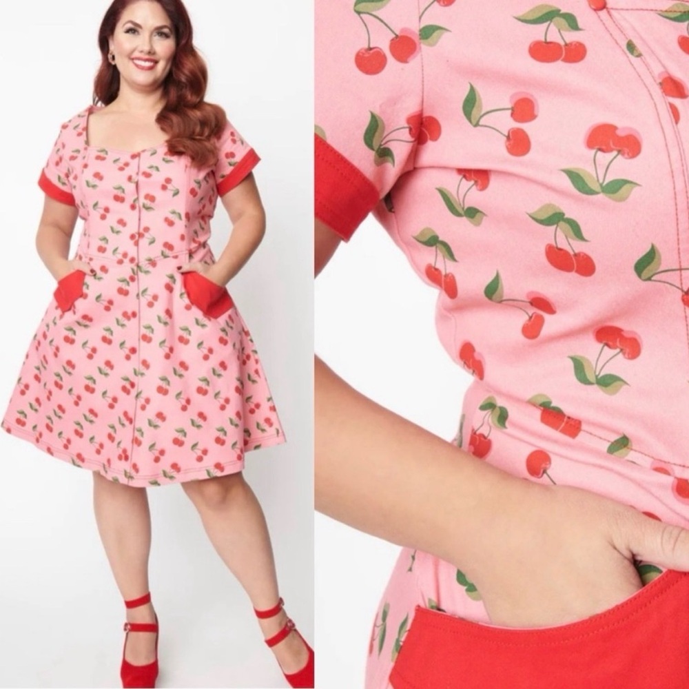 Unique Vintage Pink Denim & Cherry Print Fit & Flare Dress XL 14 NWOT - Picture 3 of 13